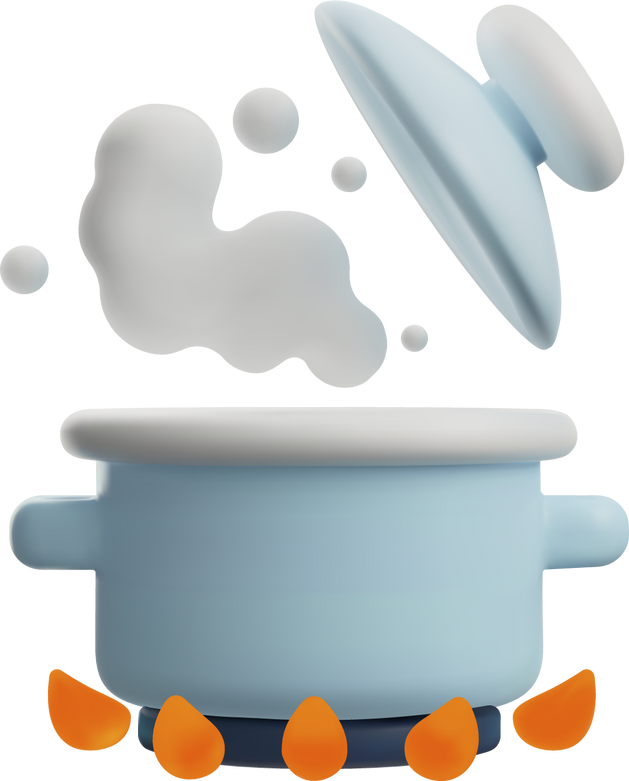 Realistic blue saucepan with lid up on fire 3D style